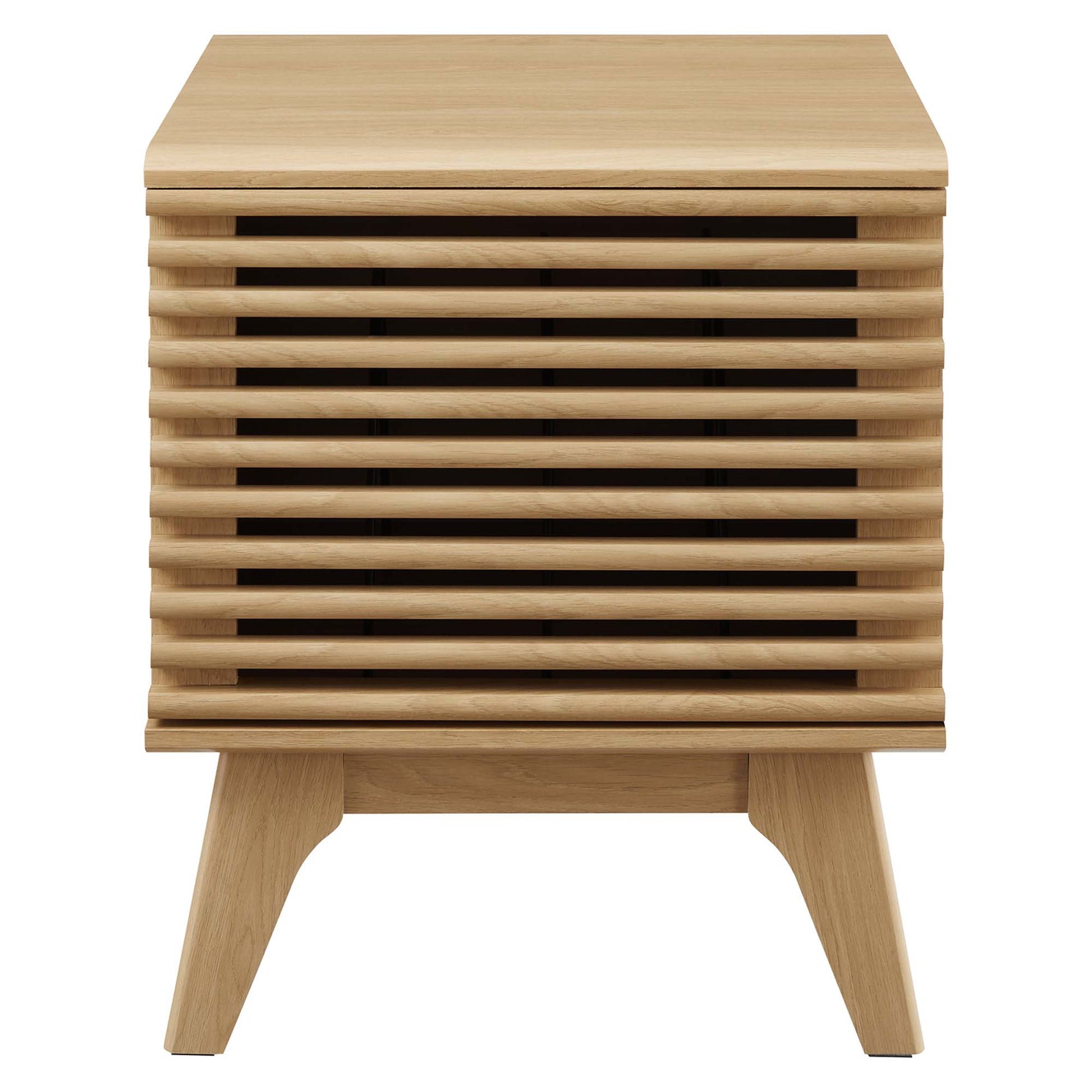 Brown oak finish vinyl record display stand.