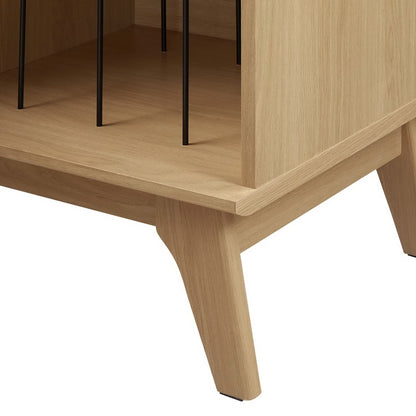 Brown oak mid-century vinyl record display stand with angled legs and open shelves.