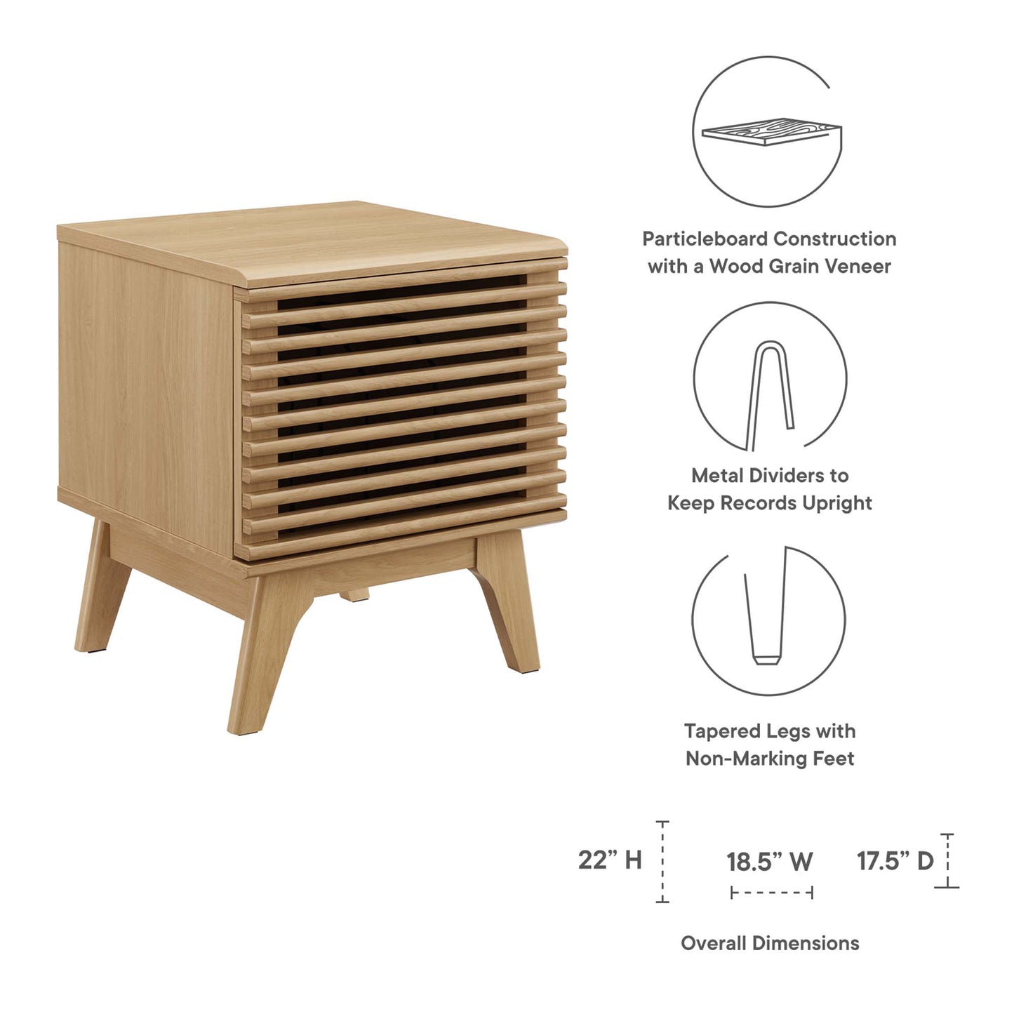 Oak-finish vinyl record display stand with a slatted front and tapered legs, designed to hold records upright.