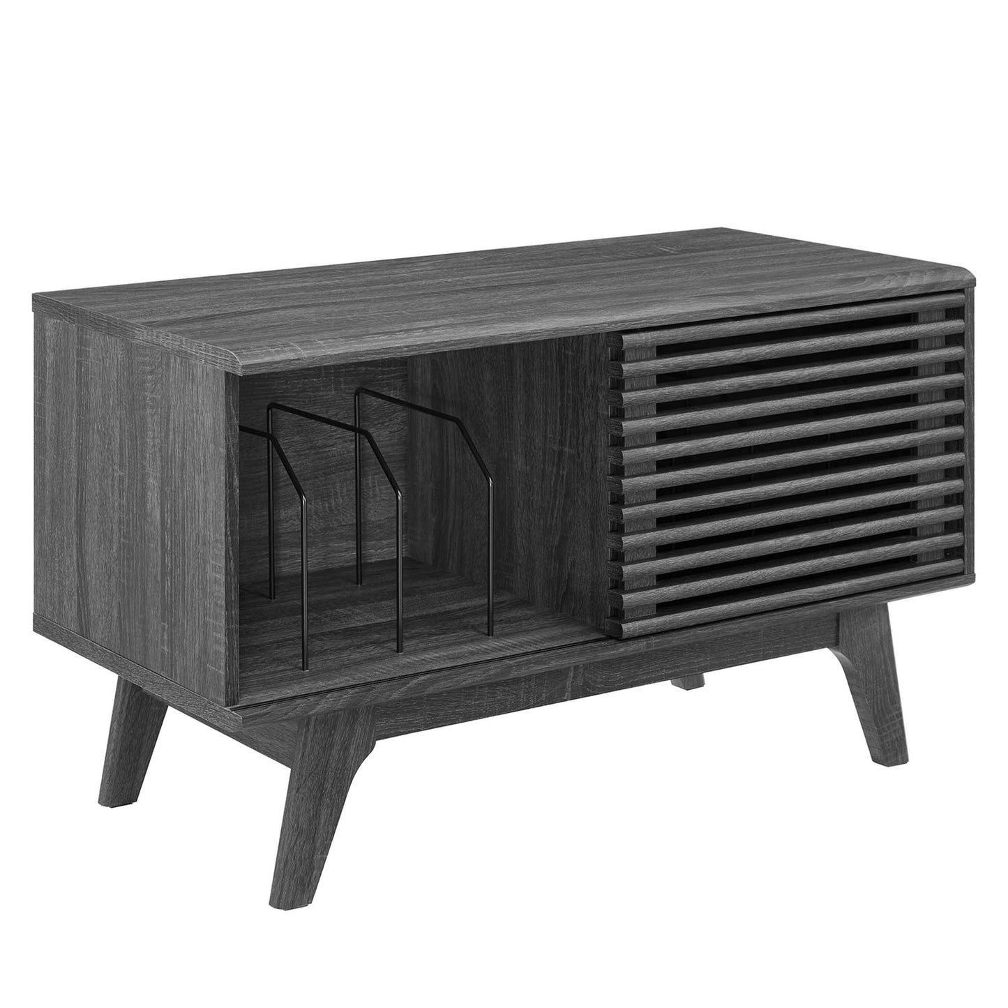 Brown vinyl record display stand with angled mid-century legs and open shelving.