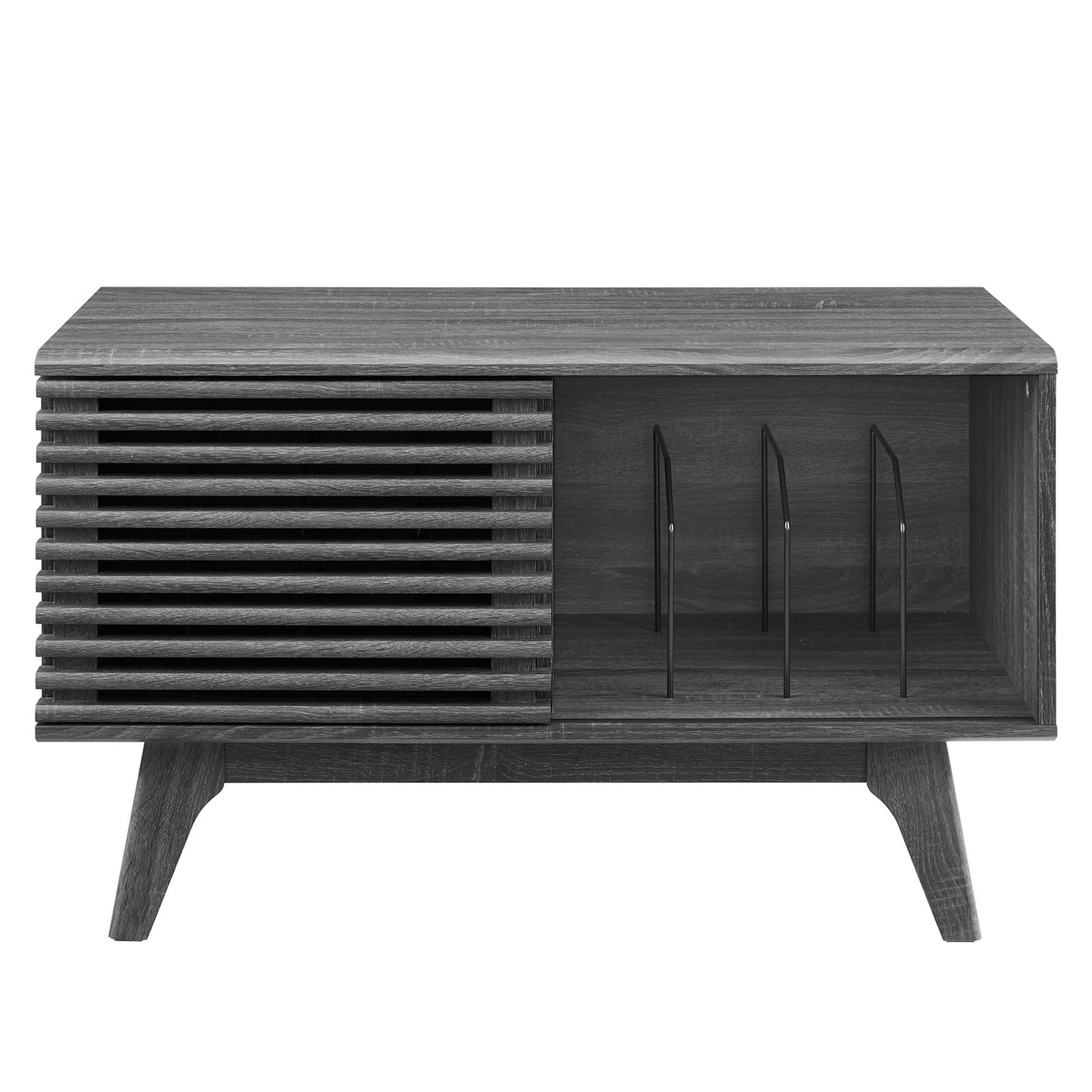 Brown vinyl record display stand with open shelves and vertical dividers on angled legs.