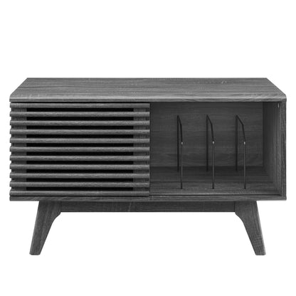 Brown vinyl record display stand with open shelves and vertical dividers on angled legs.