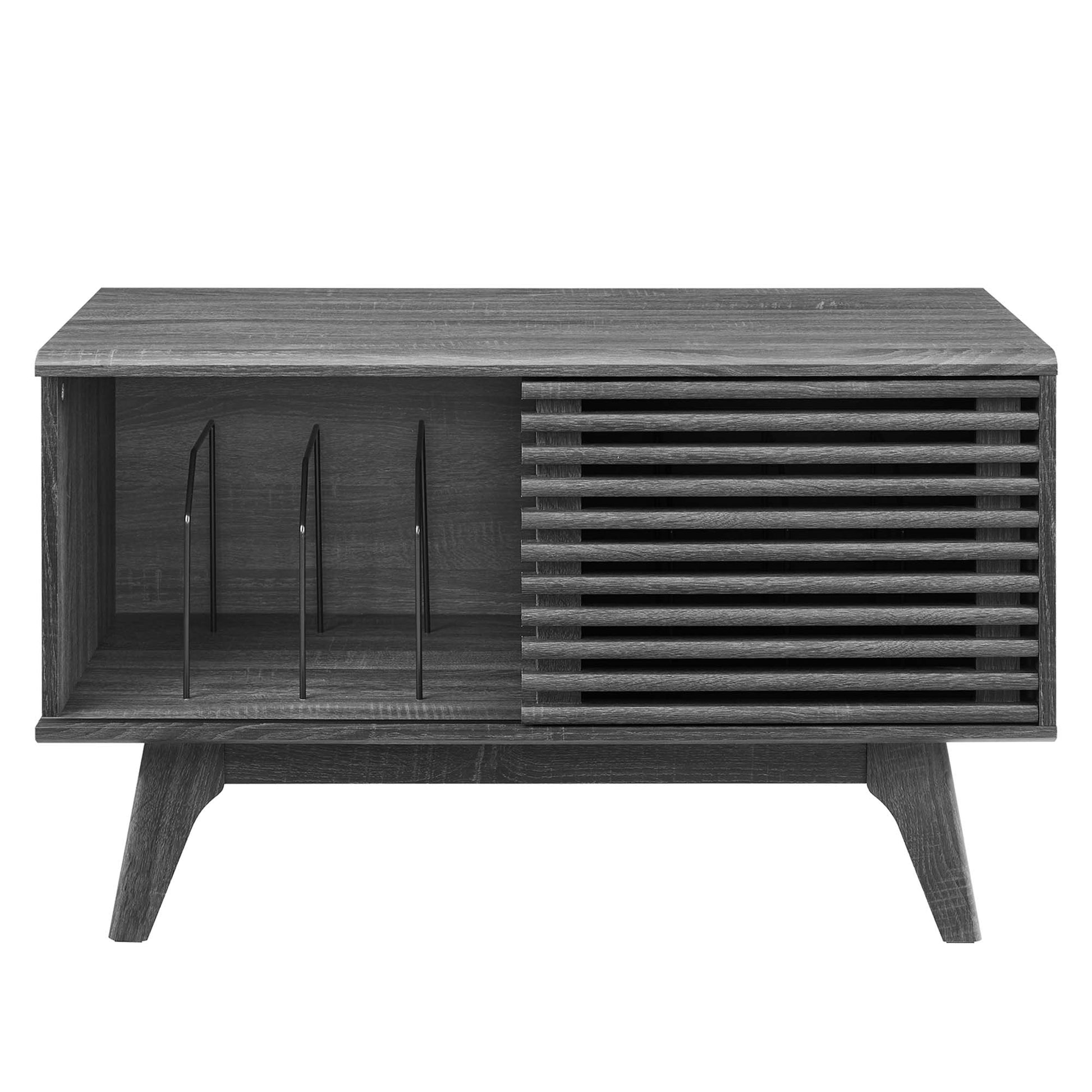 Brown vinyl record display stand with open left cubby & 4 metal vertical dividers, right side slatted cabinet & angled legs.