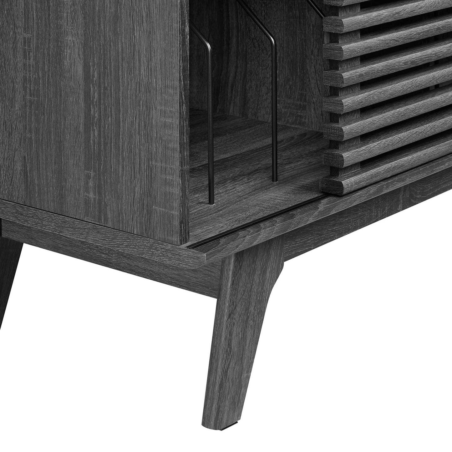 Brown vinyl record display stand with slatted side panels and angled tapered legs