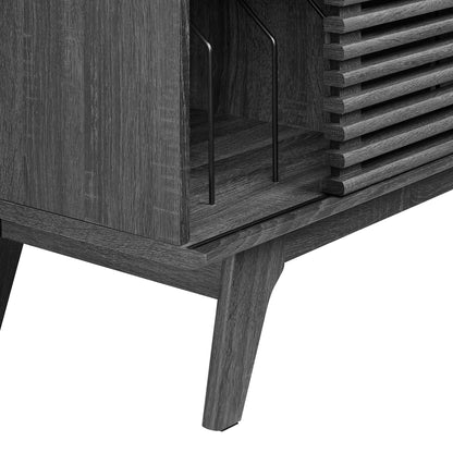 Brown vinyl record display stand with slatted side panels and angled tapered legs