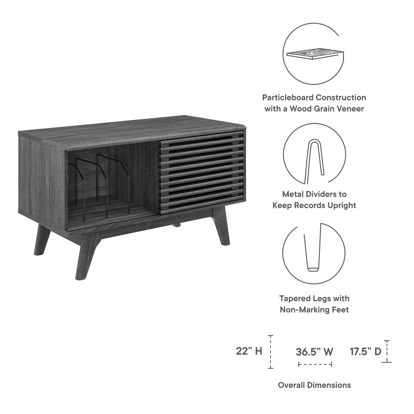 Dark wood grain particleboard vinyl record display stand with open cubbies, metal dividers and tapered legs