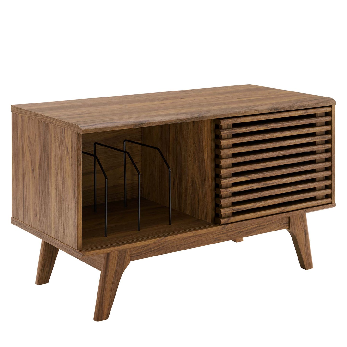 Walnut-finish vinyl record display stand with open left compartment, slatted right cabinet, metal dividers, and angled legs.