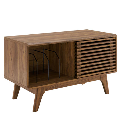Walnut-finish vinyl record display stand with open left compartment, slatted right cabinet, metal dividers, and angled legs.