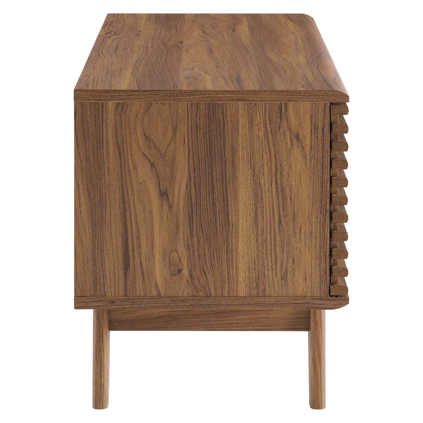 Brown vinyl record display stand with front door, slatted right edge, raised tapered legs, rectangular top.