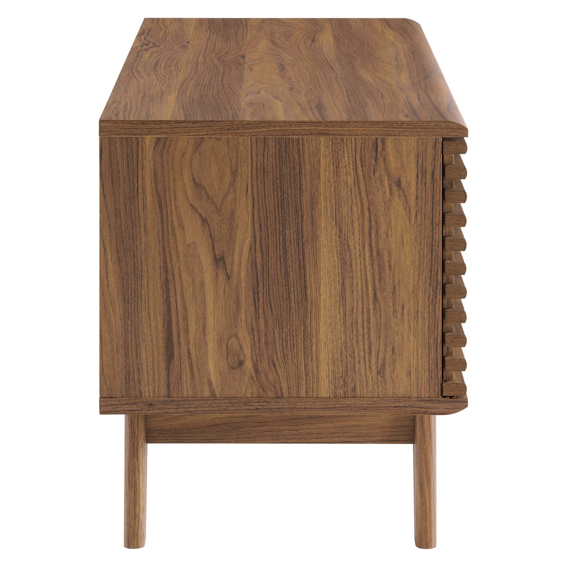 Brown vinyl record display stand with front door, slatted right edge, raised tapered legs, rectangular top.