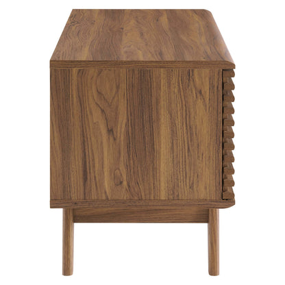 Brown vinyl record display stand with front door, slatted right edge, raised tapered legs, rectangular top.