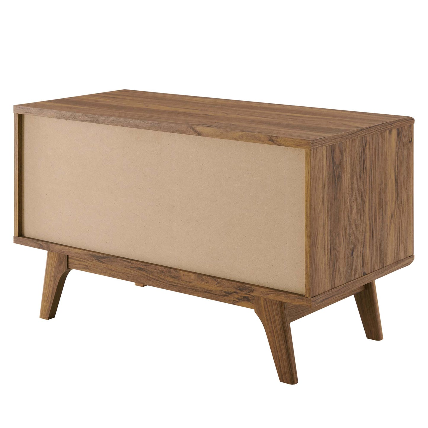 Brown mid-century modern vinyl record display stand with angled tapered legs and open shelves.