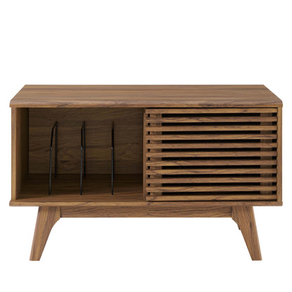 Walnut-finish vinyl record display stand with open shelves and mid-century angled legs.