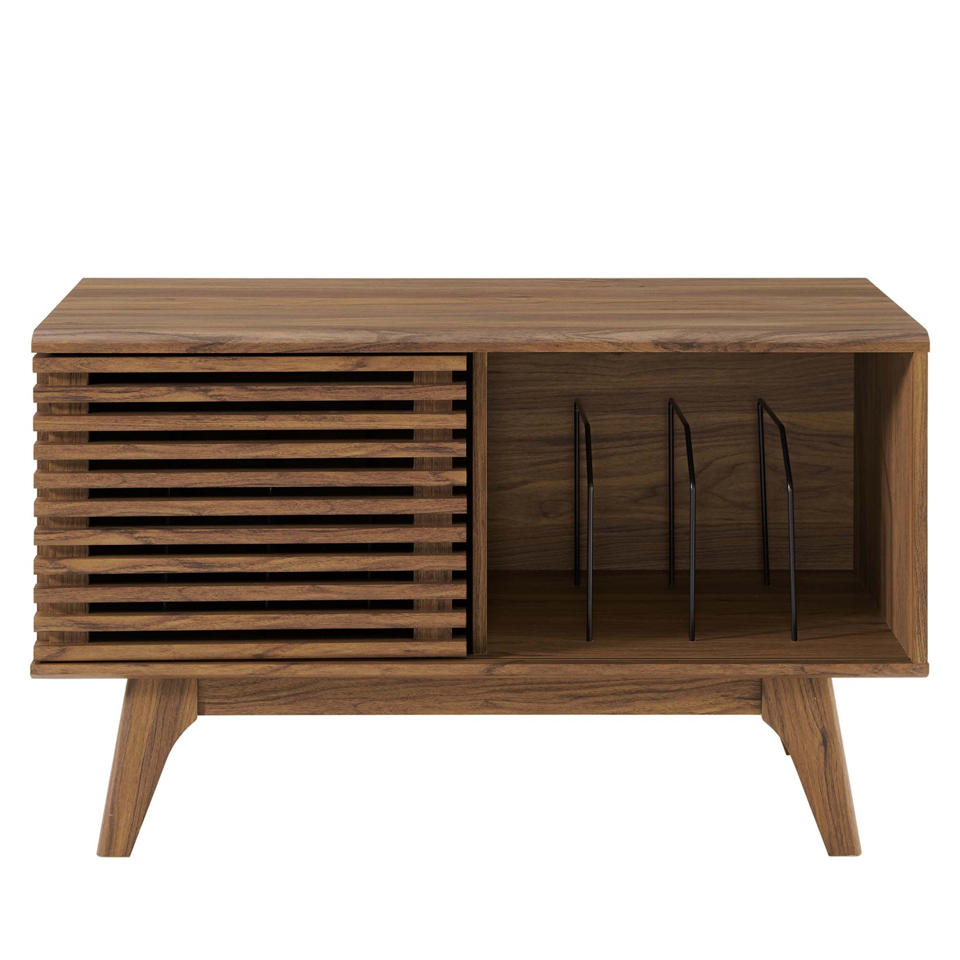 Walnut vinyl record display stand in a mid-century style with angled legs and open shelves for vinyl records.