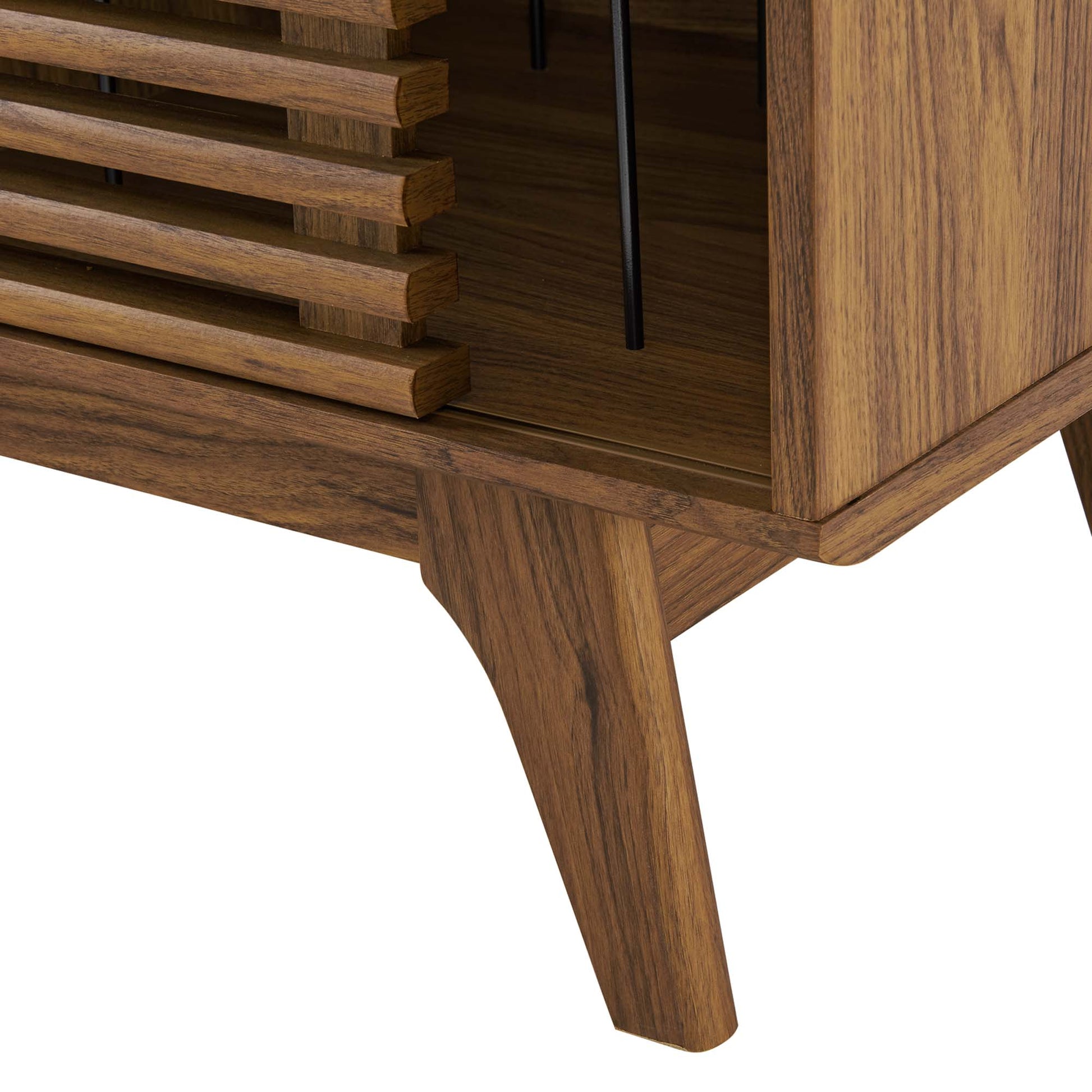 Walnut-finished mid-century modern vinyl record display stand with a slatted front and angled tapered legs.