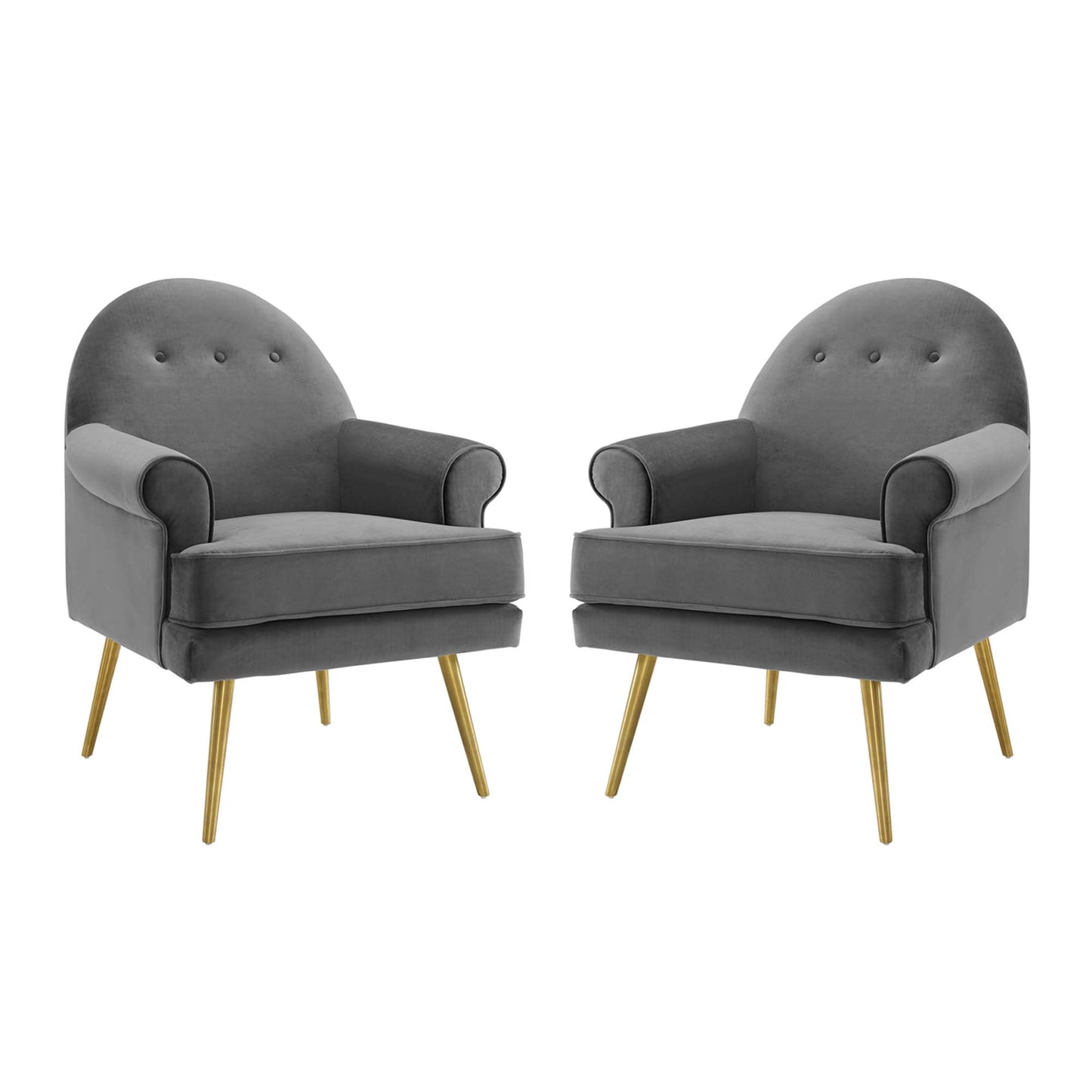 Pair of gray velvet mid-century armchairs with curved back, button tufting, light arm caps & gold tapered legs.