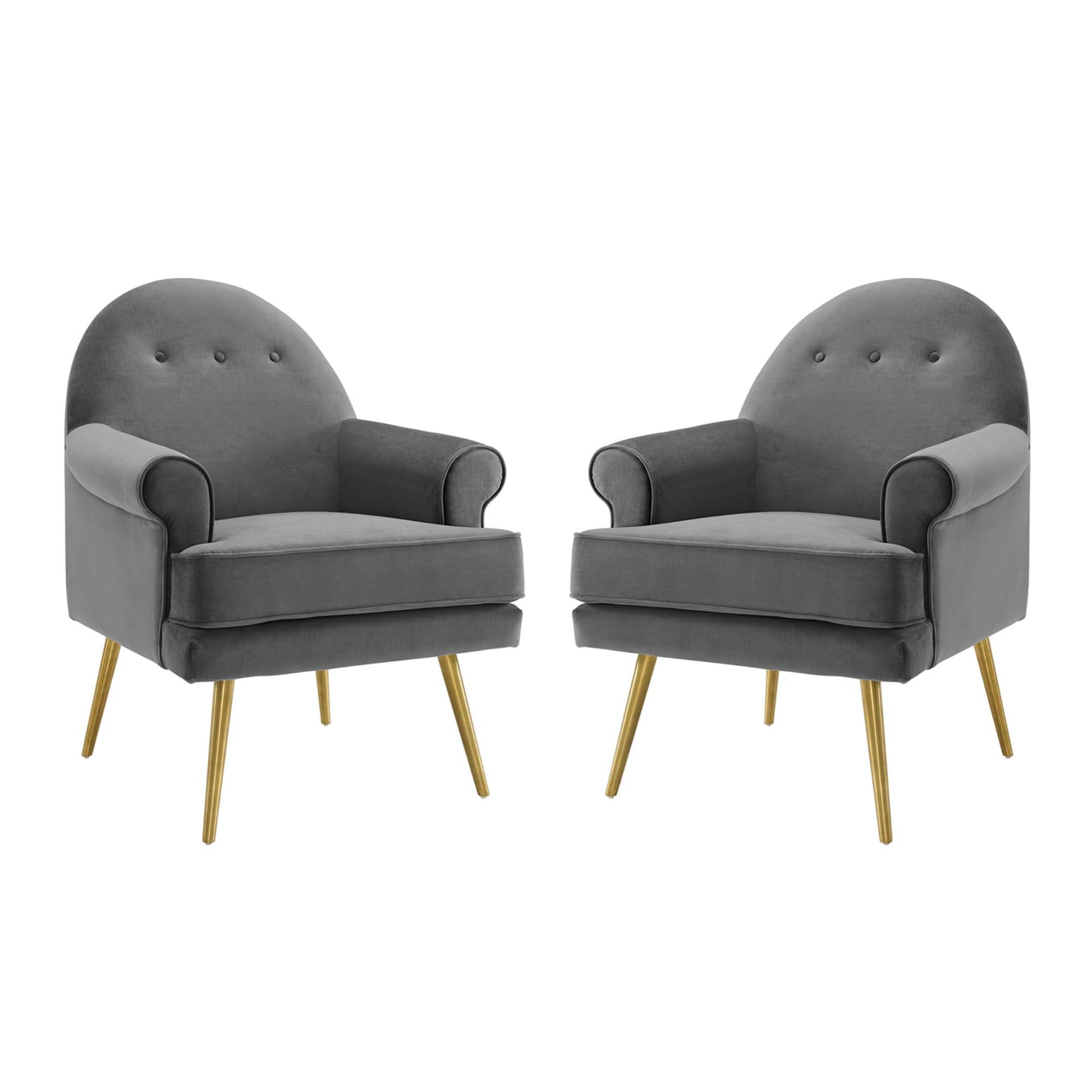 Pair of gray velvet mid-century armchairs with curved back, button tufting, light arm caps & gold tapered legs.