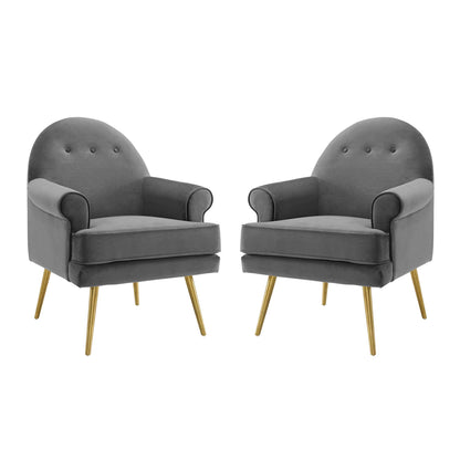 Pair of gray velvet mid-century armchairs with curved back, button tufting, light arm caps & gold tapered legs.