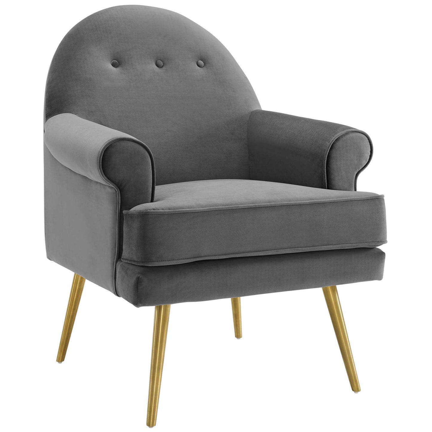 Gray velvet accent armchair with tufted back, rolled arms, cushioned seat, and gold tapered legs.