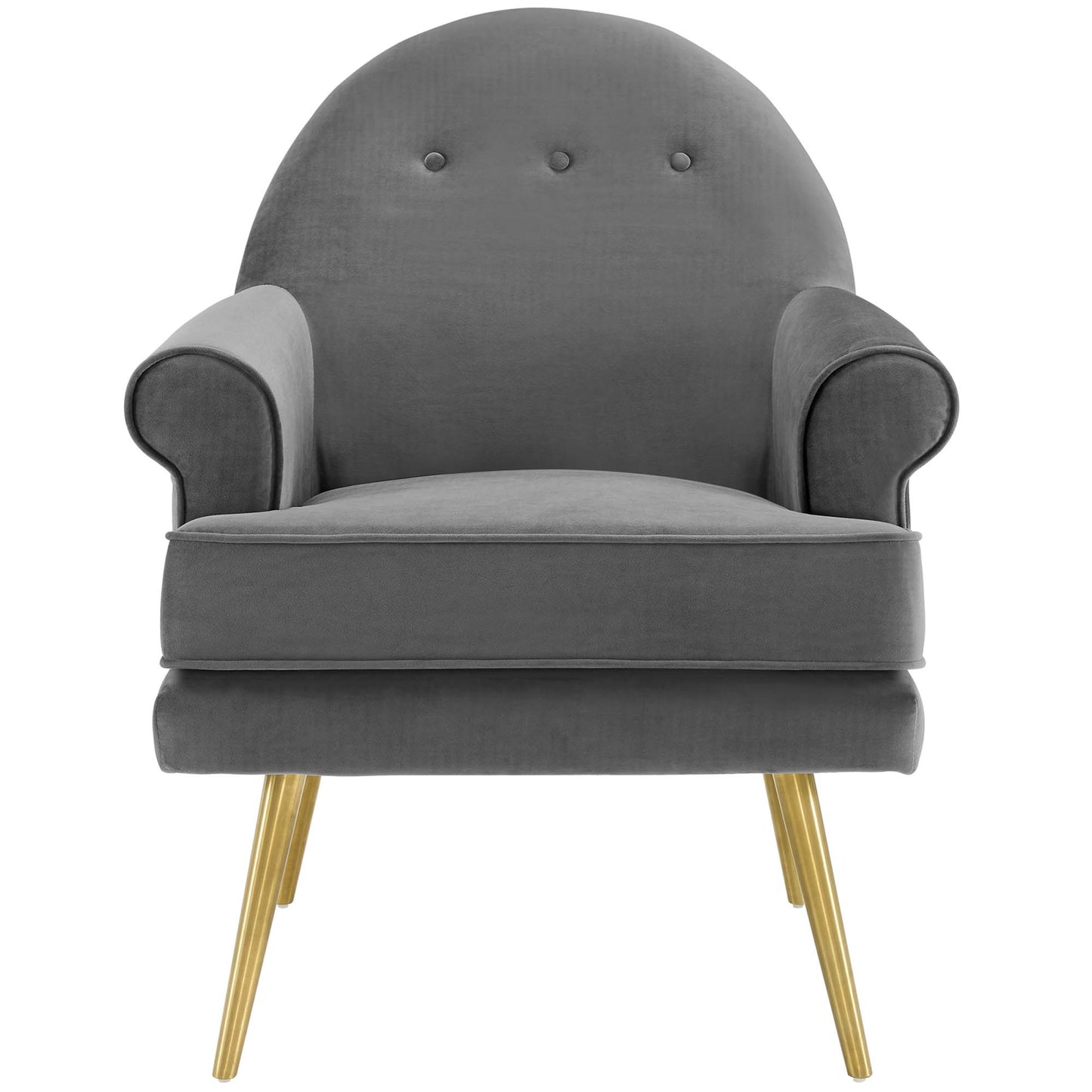 Gray velvet armchairs with tufted backs, rounded arms, cushioned seats, and gold-tone metal legs (set of 2)