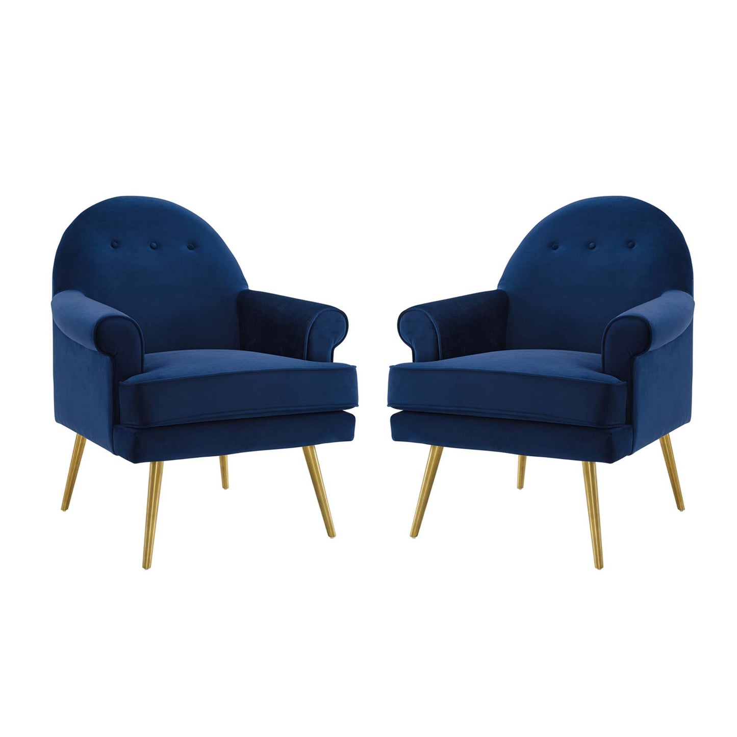 Pair of navy blue velvet armchairs with curved backs, tufted backrests, padded arms and gold tapered legs.