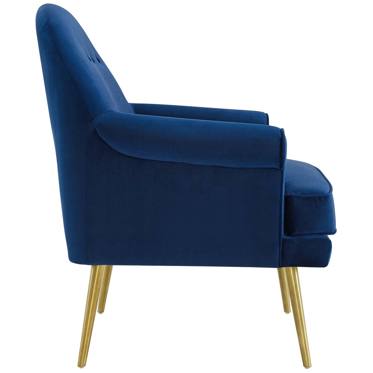 Navy blue velvet accent armchair with gold legs, curved back and padded arms (side view)