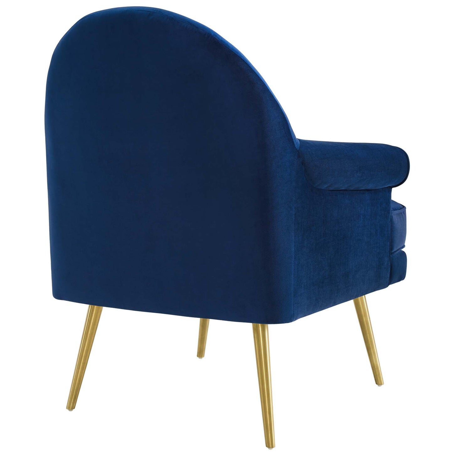 Navy blue velvet armchairs with curved backs, pill-shaped arms, and gold tapered legs; set of 2.