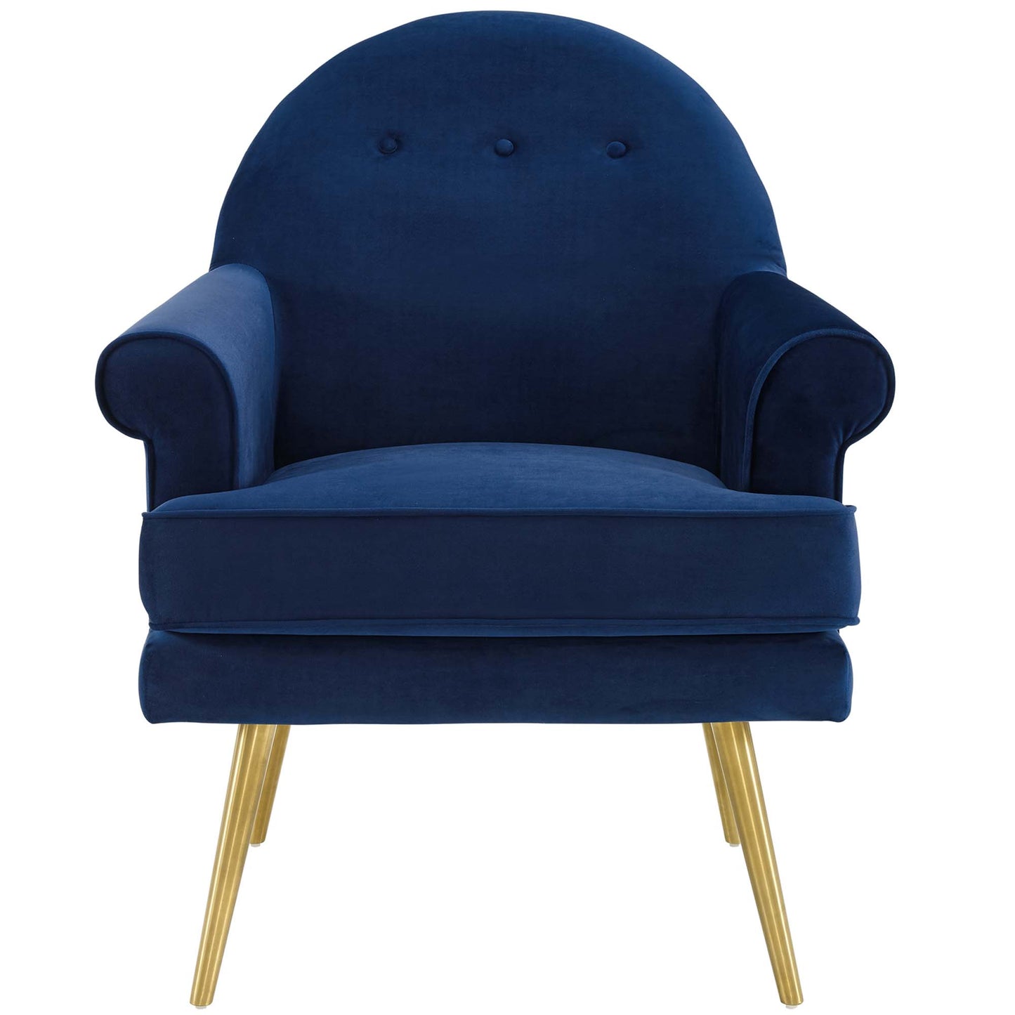 Navy blue velvet armchairs set of 2 with curved backs, button-tufted, cushioned arms, and gold legs.