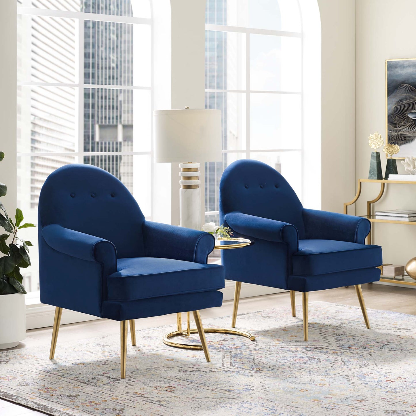 Two navy velvet armchairs with tufted backs and gold legs (set of 2)
