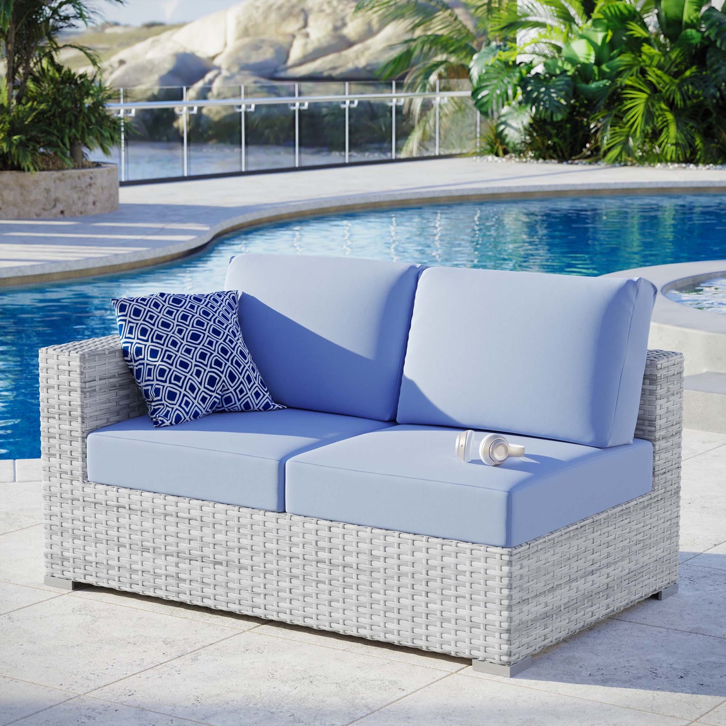 Modway Outlet Convene Outdoor Patio Left-Arm Loveseat by Modway  Outdoor Furniture Furniture Light Gray Light Blue - EEI-4303-LGR-LBU