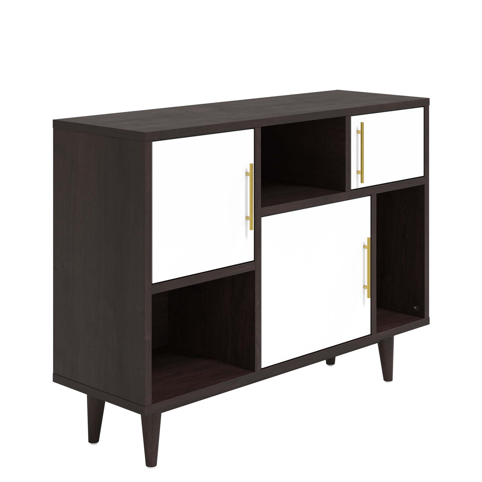 Cappuccino white display stand with white cabinet doors, gold handles, open shelves and tapered legs.