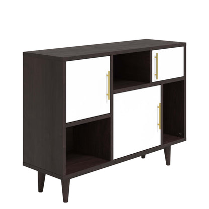 Cappuccino white display stand with white cabinet doors, gold handles, open shelves and tapered legs.