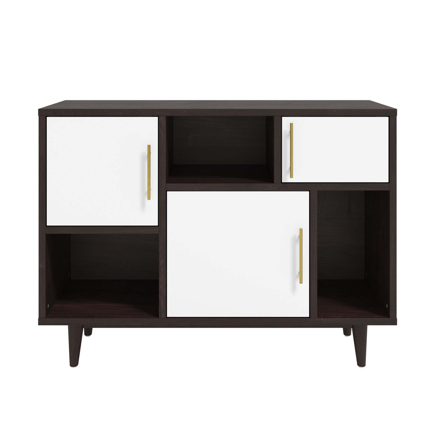 Cappuccino wood display stand with white cabinet doors, gold handles, open compartments and tapered legs.