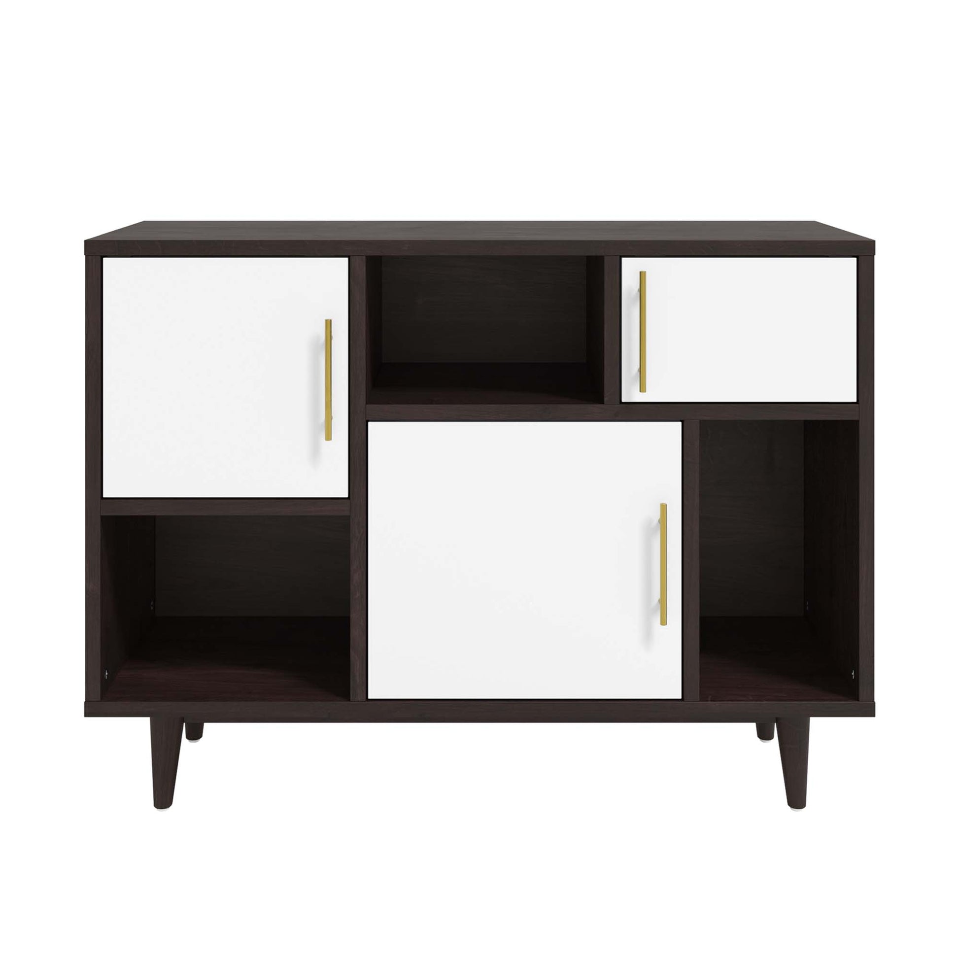 Cappuccino wood display stand with white cabinet doors, gold handles, open compartments and tapered legs.