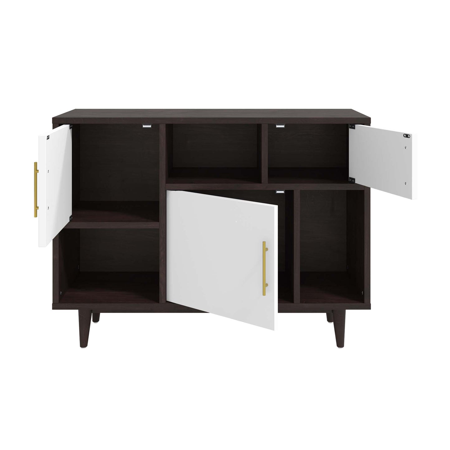 Cappuccino-finish display stand with white doors, gold handles, and open storage compartments.