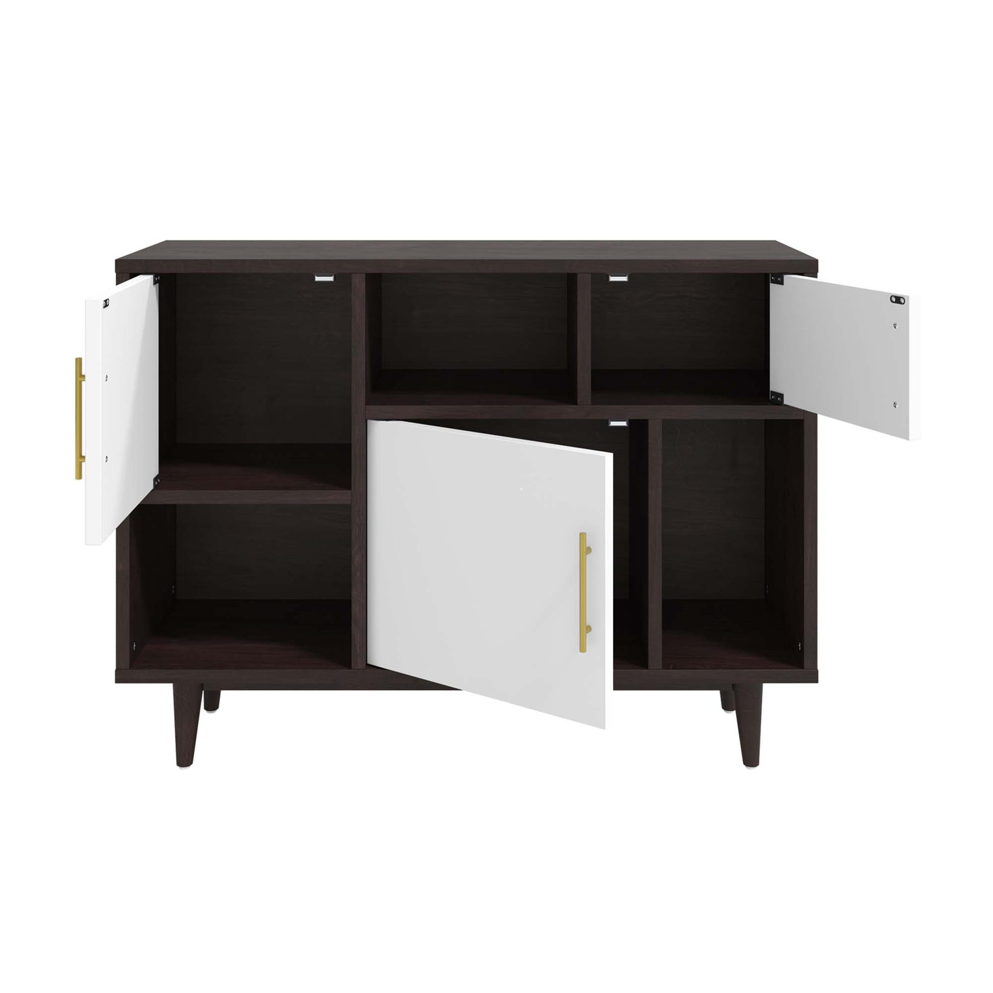 Cappuccino-finish display stand with white doors, gold handles, and open storage compartments.
