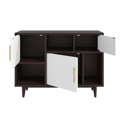 Cappuccino-finish display stand with white doors, gold handles, and open storage compartments.