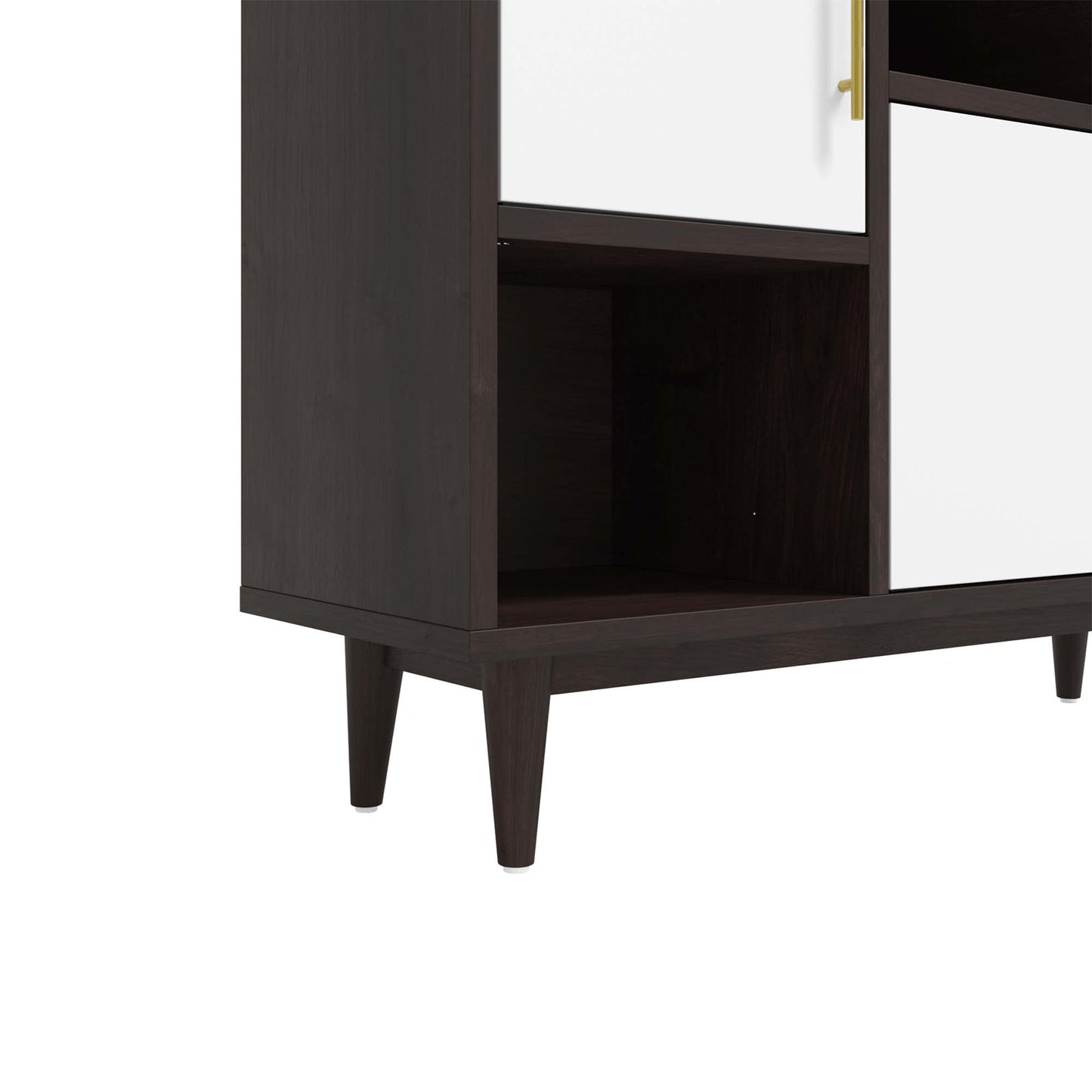 Dark wood mid-century modern sideboard with white doors, brass hardware, open shelf & tapered legs.