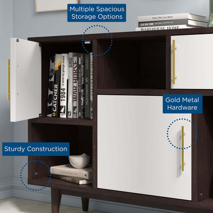 Modern two-tone display stand with cappuccino frame, white doors, gold hardware, and open media shelves.