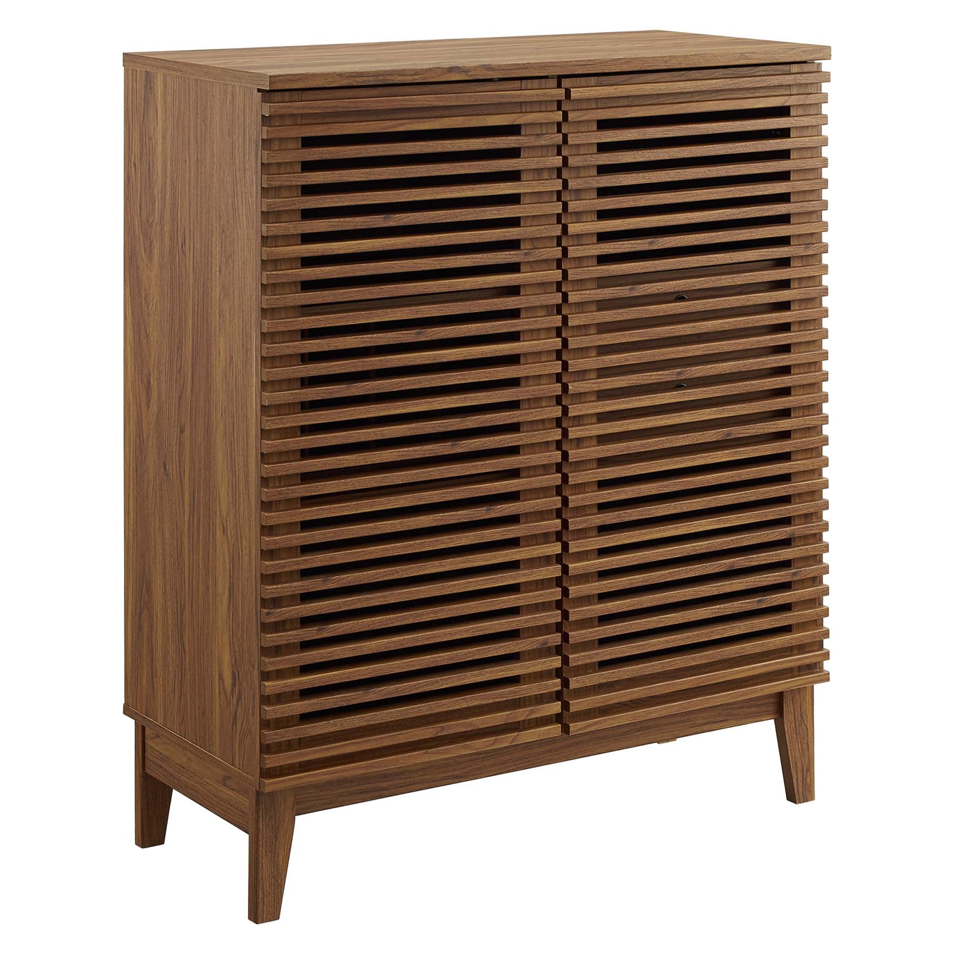 Walnut-finish wooden cabinet with two slatted louvered doors and mid-century legs.