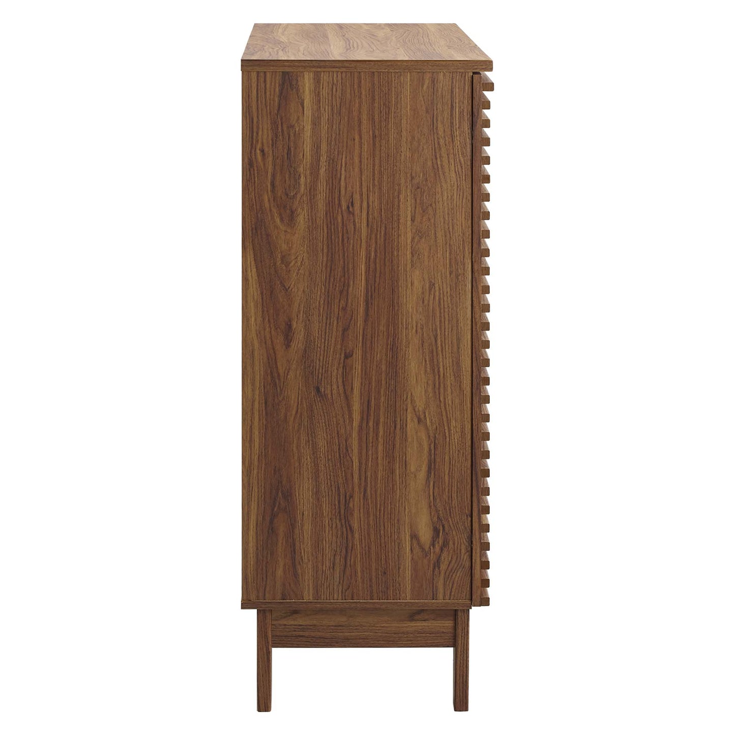 Walnut-finish bar cabinet with wood grain, slender profile, four tapered legs, and a side built-in bottle rack.
