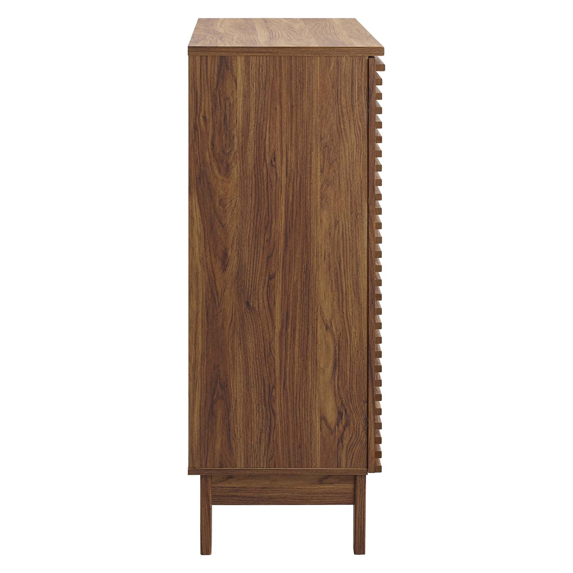 Walnut-finish bar cabinet with wood grain, slender profile, four tapered legs, and a side built-in bottle rack.