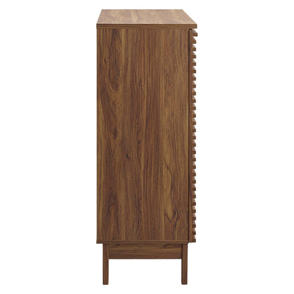 Walnut-finish bar cabinet with wood grain, slender profile, four tapered legs, and a side built-in bottle rack.