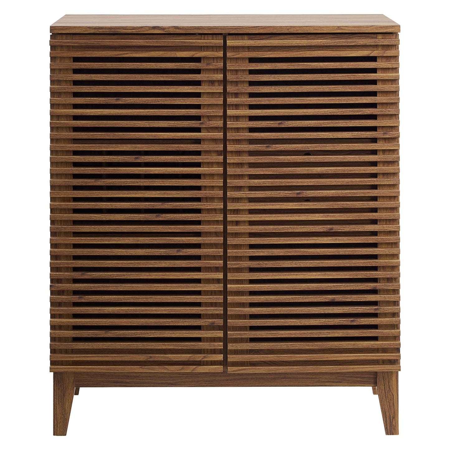 Walnut wood bar cabinet with two slatted doors, mid-century modern design, rectangular shape on four short legs.