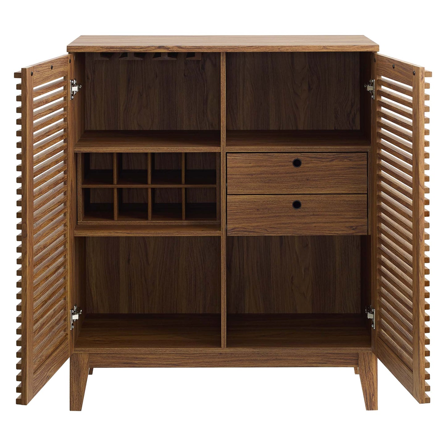 Walnut-finish wooden cabinet with louvered doors; two top cubbies, left wine rack grid, right two drawers, and lower shelves.