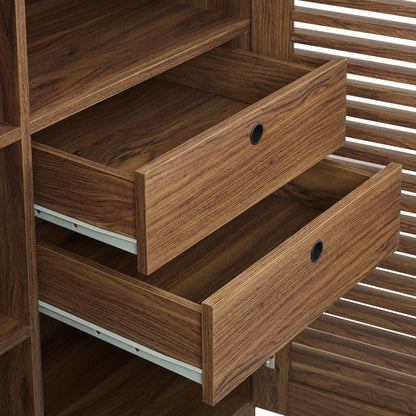 Walnut-finish wooden bar cabinet with three drawers and circular cut-out pulls, slatted sides.