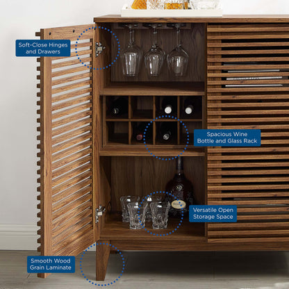 Walnut wood cabinet with slatted doors, soft-close drawers, wine bottle and glass rack, plus open storage space.