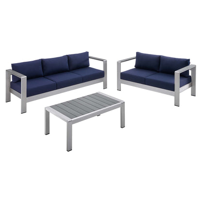 Modway - Shore 3 Piece Sunbrella? Fabric Outdoor Patio Aluminum Set by Modway  Outdoor Furniture Sofa Sectionals Blue - EEI-4313-SLV-NAV-SET