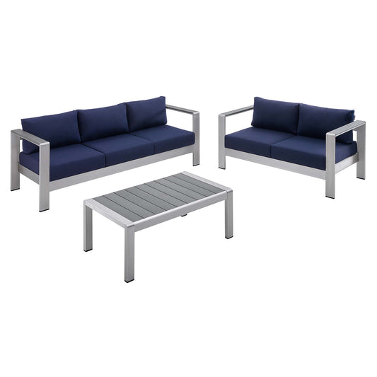 Modway - Shore 3 Piece Sunbrella? Fabric Outdoor Patio Aluminum Set by Modway  Outdoor Furniture Sofa Sectionals Blue - EEI-4313-SLV-NAV-SET