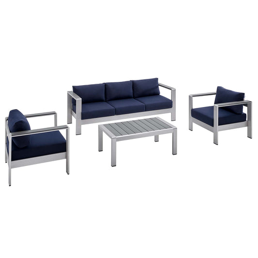 Modway - Shore 4 Piece Sunbrella? Fabric Outdoor Patio Aluminum Set by Modway  Outdoor Furniture Sofa Sectionals Blue - EEI-4316-SLV-NAV-SET